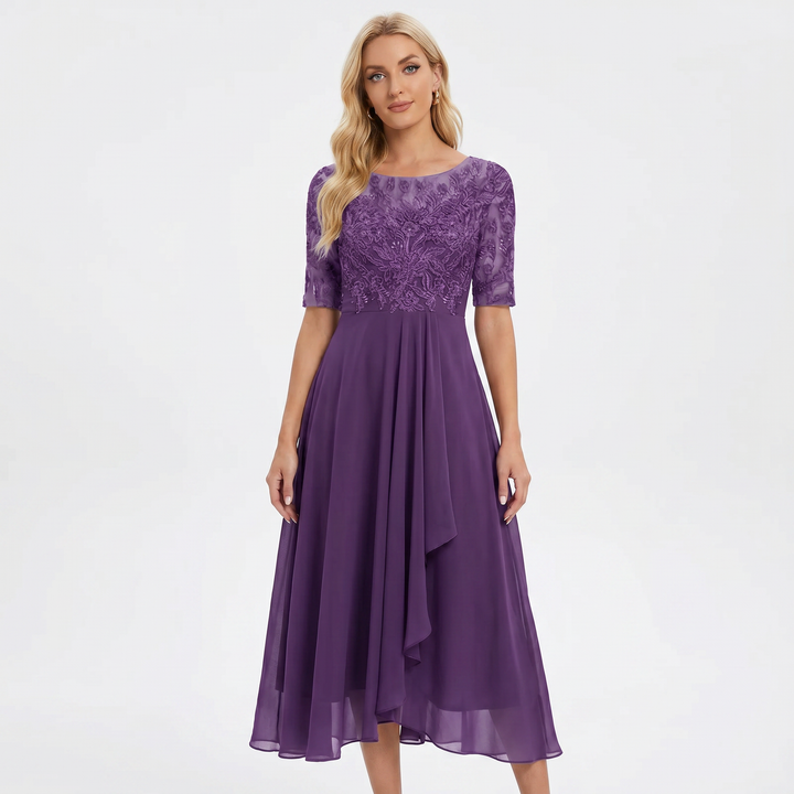 Women's Lace Bodice Chiffon Midi Dress Half Sleeve A-Line Mother of the Bride
