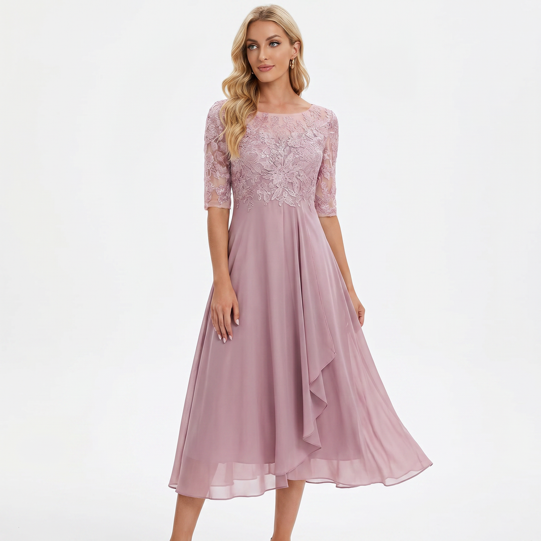 Women's Lace Bodice Chiffon Midi Dress Half Sleeve A-Line Mother of the Bride