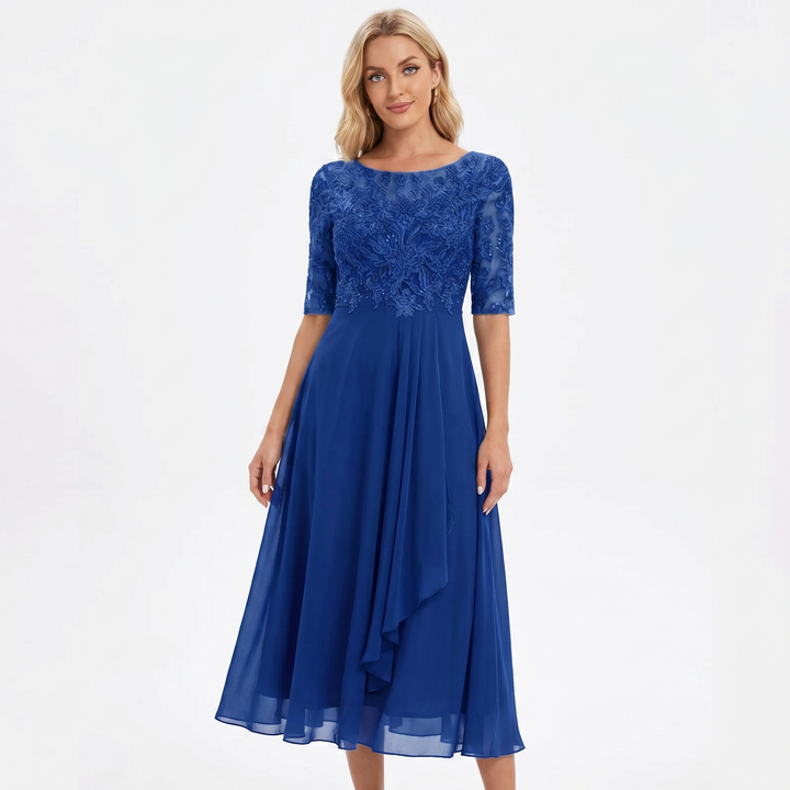 Women's Lace Bodice Chiffon Midi Dress Half Sleeve A-Line Mother of the Bride