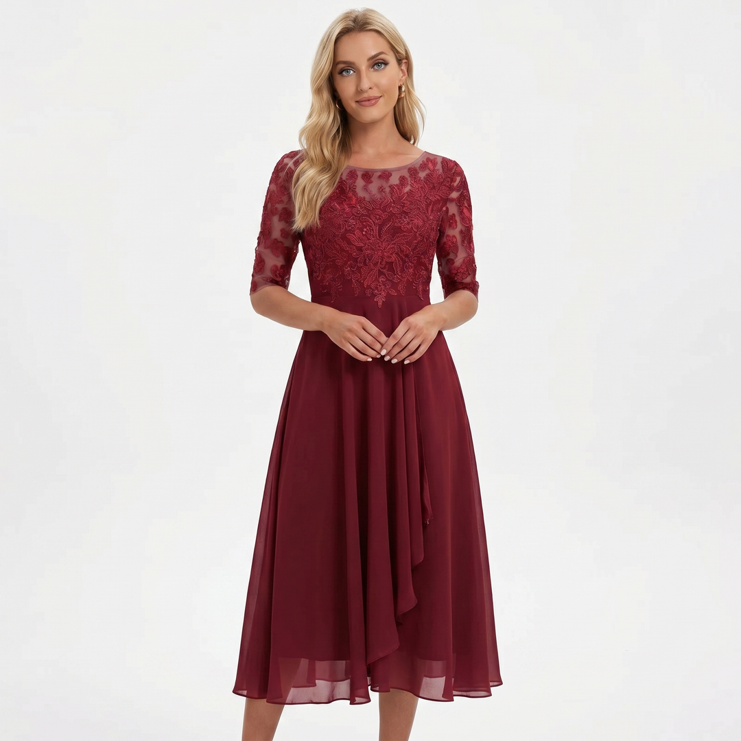 Women's Lace Bodice Chiffon Midi Dress Half Sleeve A-Line Mother of the Bride