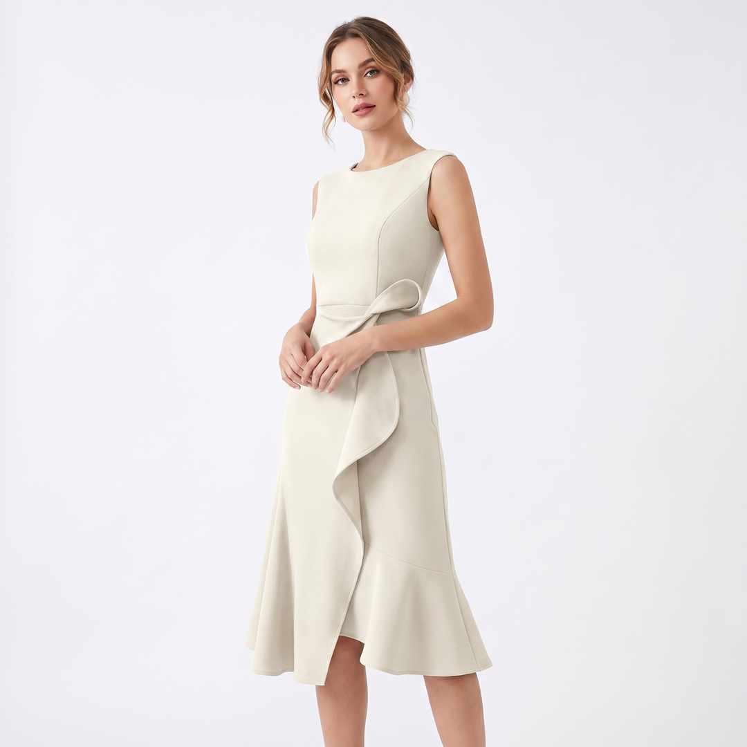 Women's Crepe Midi Dress Sleeveless Ruffle Hem Asymmetric Smart Casual