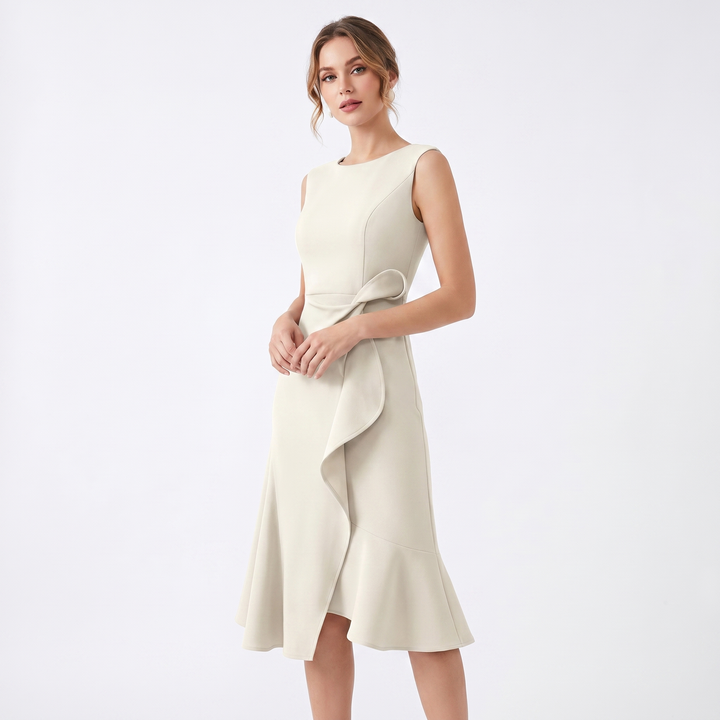 Women's Crepe Midi Dress Sleeveless Ruffle Hem Asymmetric Smart Casual