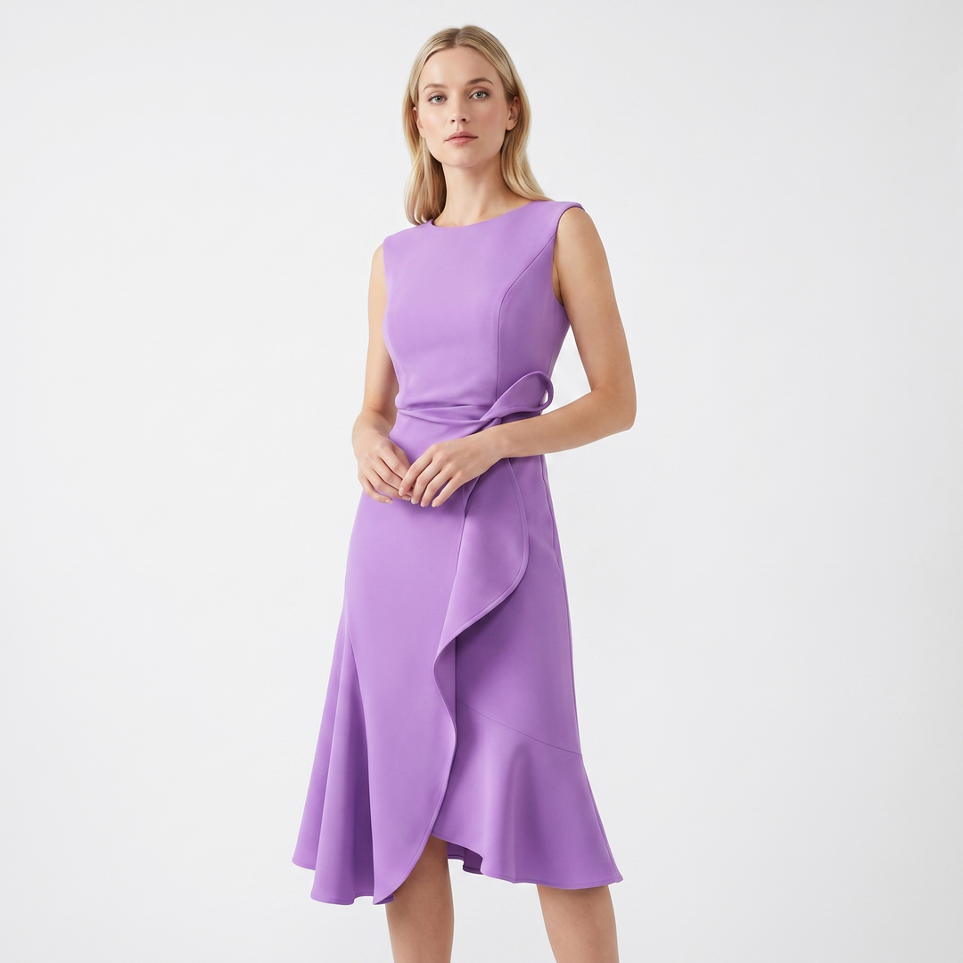 Women's Crepe Midi Dress Sleeveless Ruffle Hem Asymmetric Smart Casual
