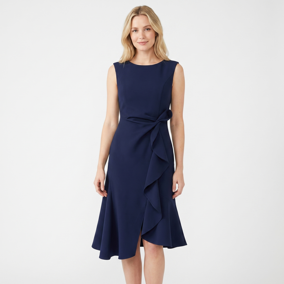 Women's Crepe Midi Dress Sleeveless Ruffle Hem Asymmetric Smart Casual