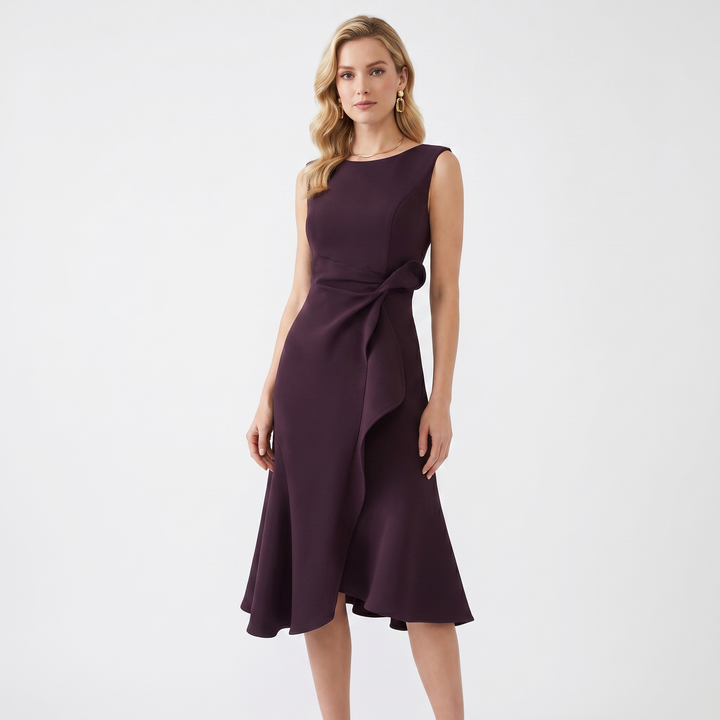 Women's Crepe Midi Dress Sleeveless Ruffle Hem Asymmetric Smart Casual