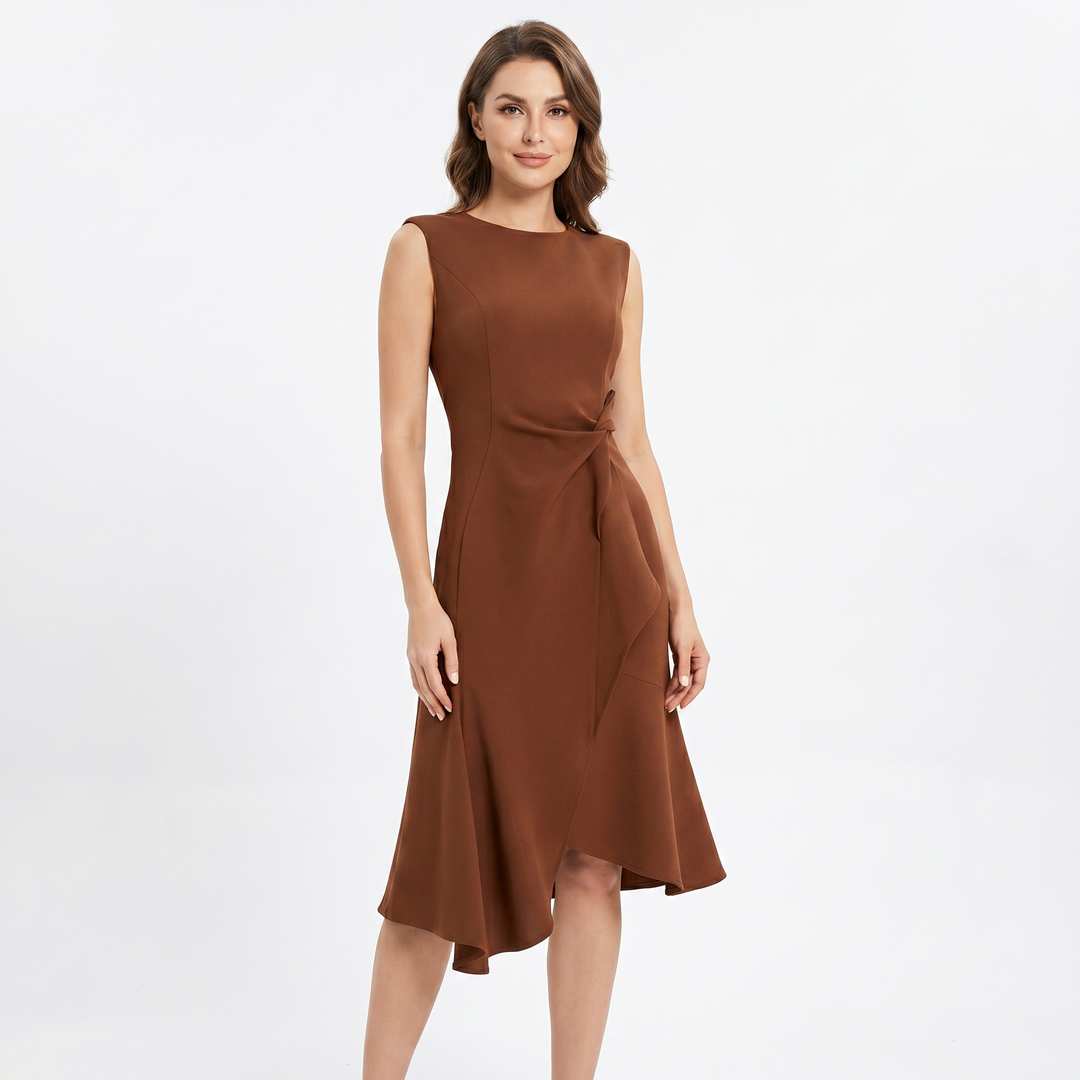 Women's Crepe Midi Dress Sleeveless Ruffle Hem Asymmetric Smart Casual
