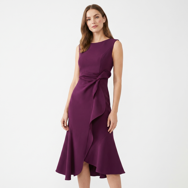 Women's Crepe Midi Dress Sleeveless Ruffle Hem Asymmetric Smart Casual