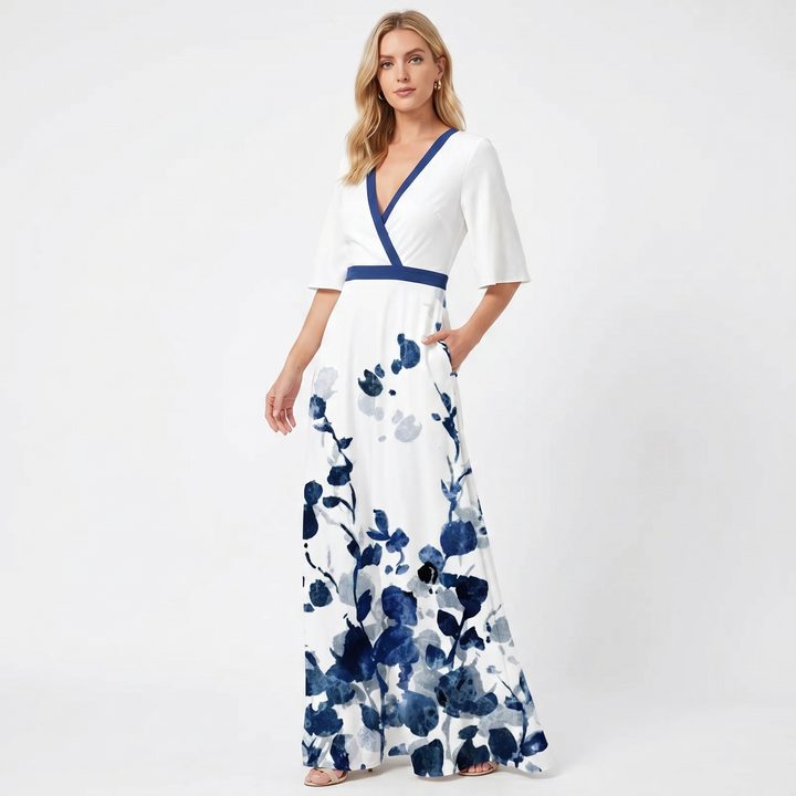 Women's Floral Print Maxi Dress Deep V-Neck Flutter Sleeve A-Line Occasion