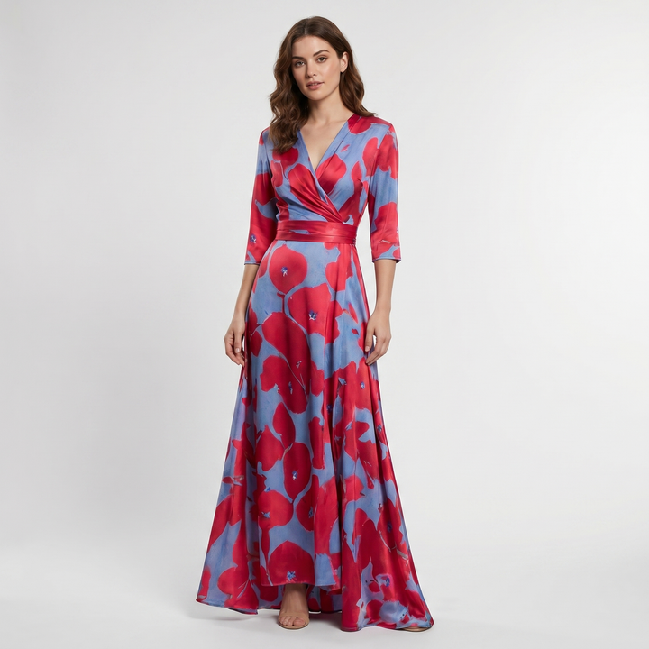 Women's Floral Print Maxi Dress Deep V-Neck Flutter Sleeve A-Line Occasion