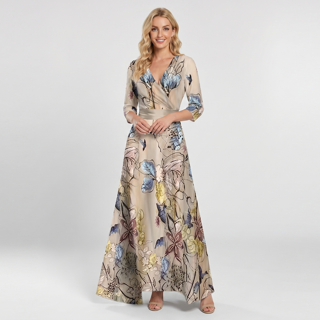 Women's Floral Print Maxi Dress Deep V-Neck Flutter Sleeve A-Line Occasion