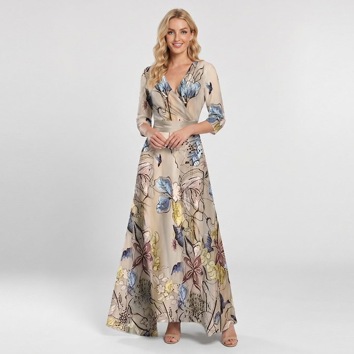 Women's Floral Print Maxi Dress Deep V-Neck Flutter Sleeve A-Line Occasion