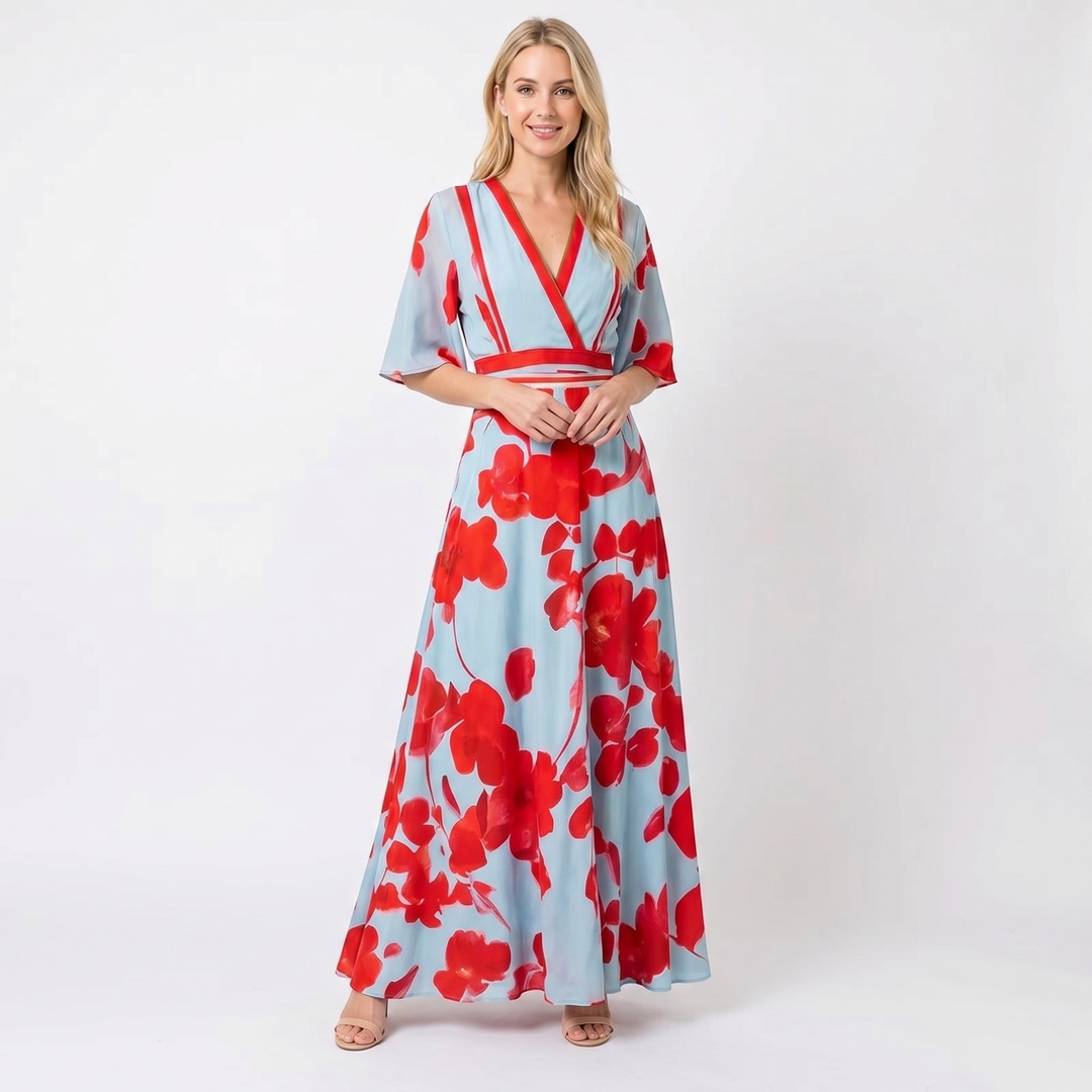 Women's Floral Print Maxi Dress Deep V-Neck Flutter Sleeve A-Line Occasion