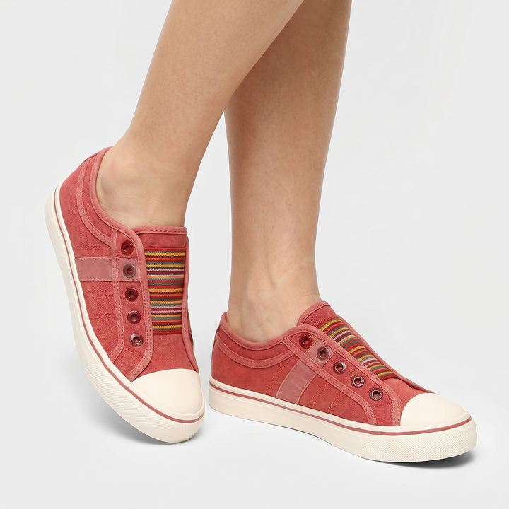 Women's Orthopaedic Canvas Slip-On Sneakers Elastic Striped Band Low Top Casual Shoes