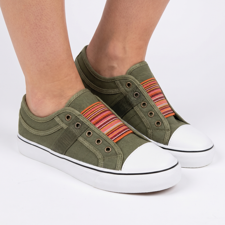 Women's Orthopaedic Canvas Slip-On Sneakers Elastic Striped Band Low Top Casual Shoes