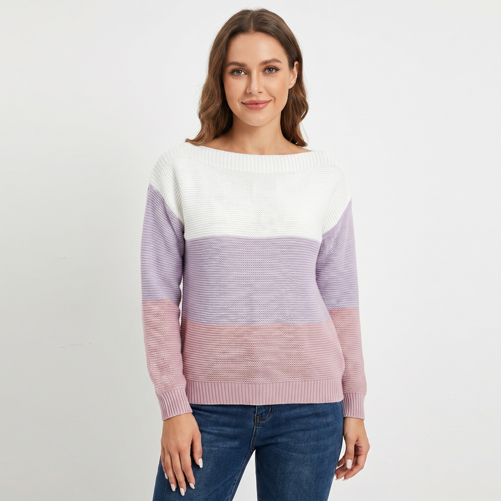 Women's Colour Block Knit Sweater Boat Neck Long Sleeve Relaxed Fit Pullover