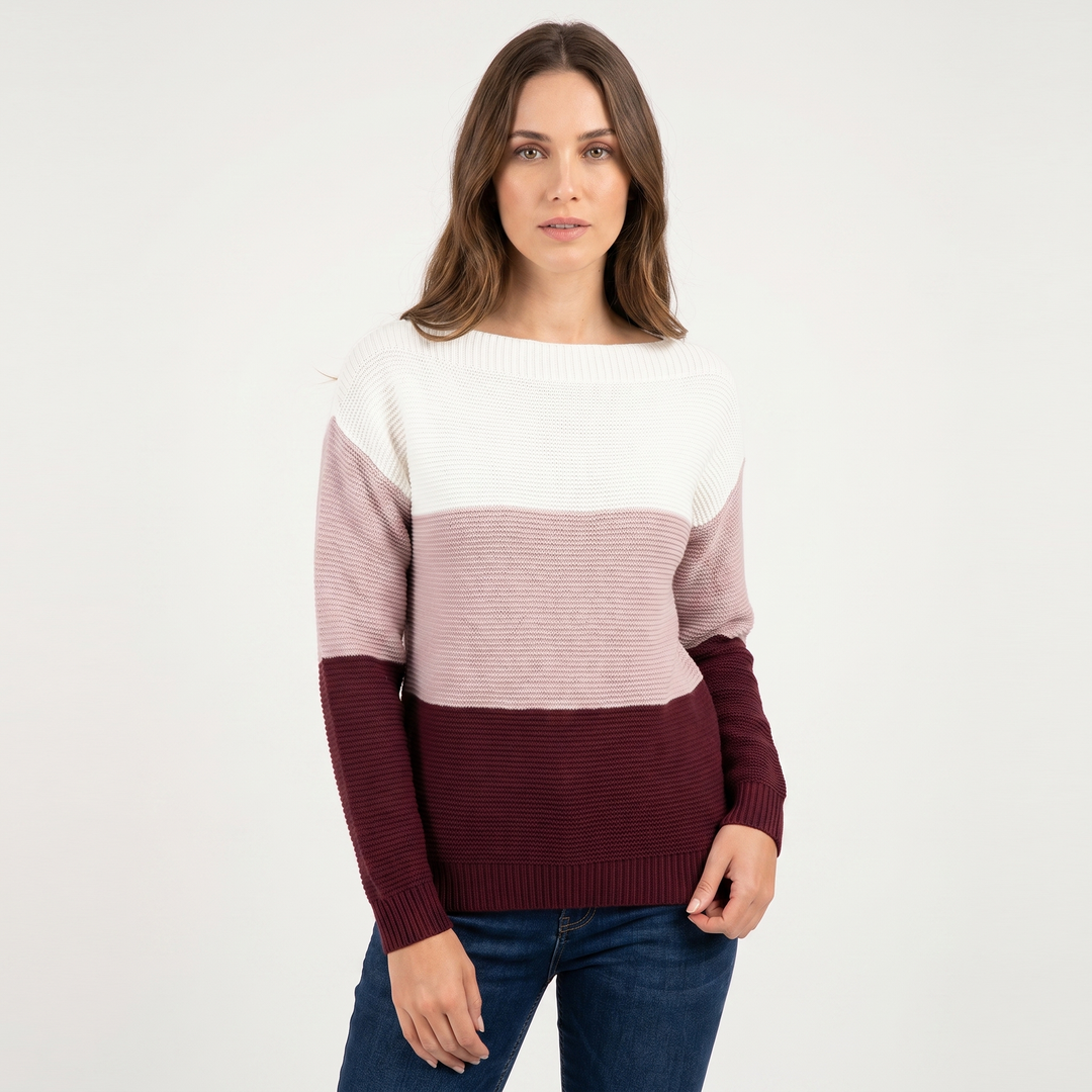 Women's Colour Block Knit Sweater Boat Neck Long Sleeve Relaxed Fit Pullover