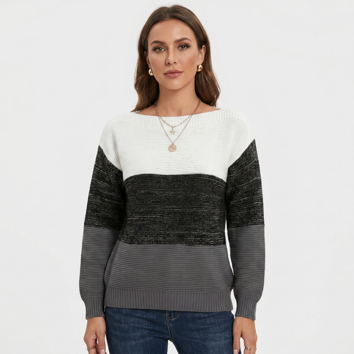 Women's Colour Block Knit Sweater Boat Neck Long Sleeve Relaxed Fit Pullover