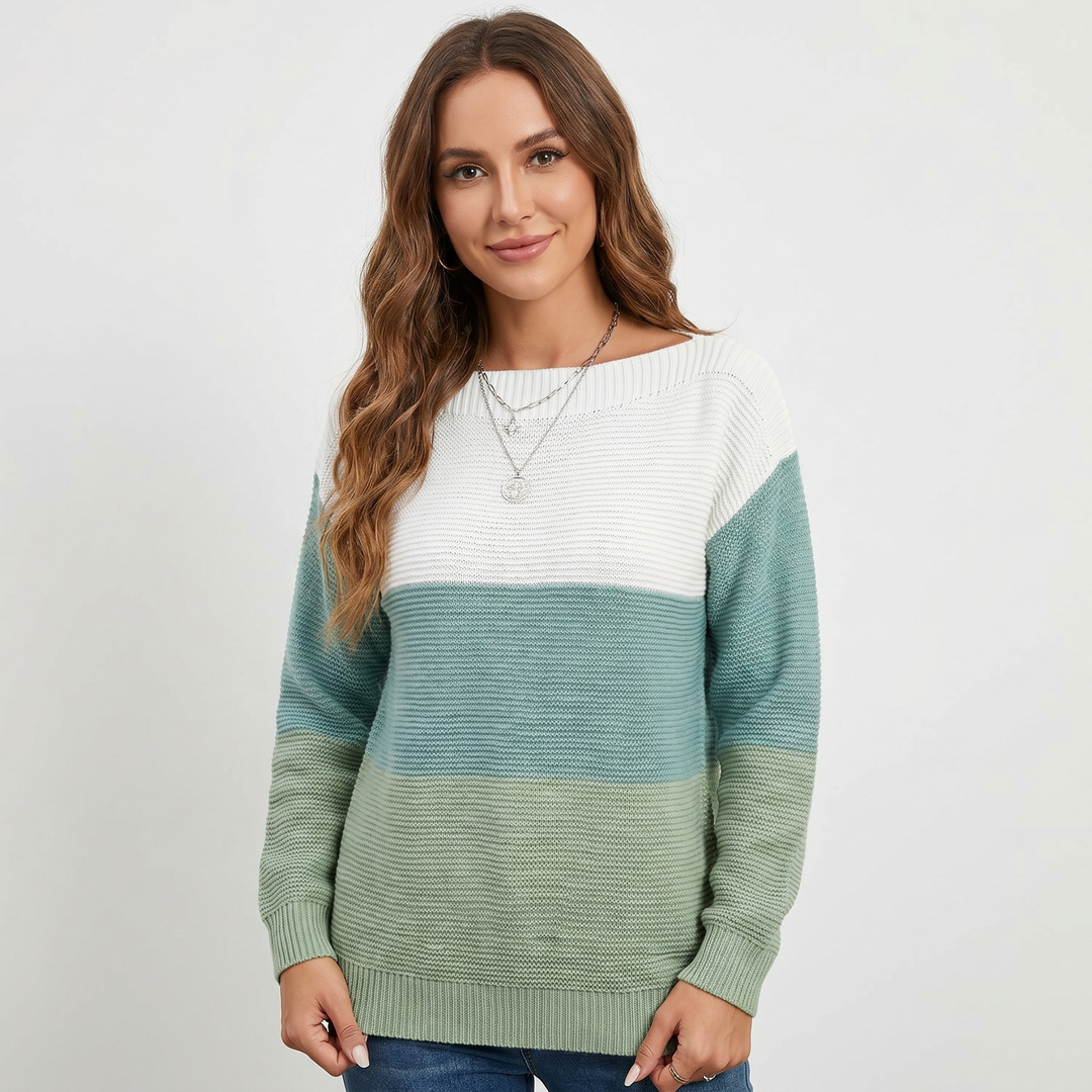 Women's Colour Block Knit Sweater Boat Neck Long Sleeve Relaxed Fit Pullover