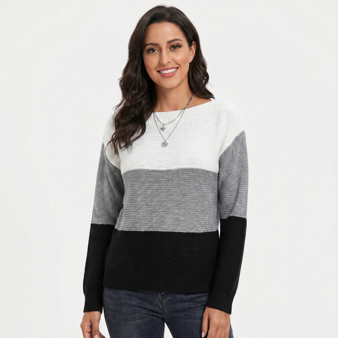 Women's Colour Block Knit Sweater Boat Neck Long Sleeve Relaxed Fit Pullover