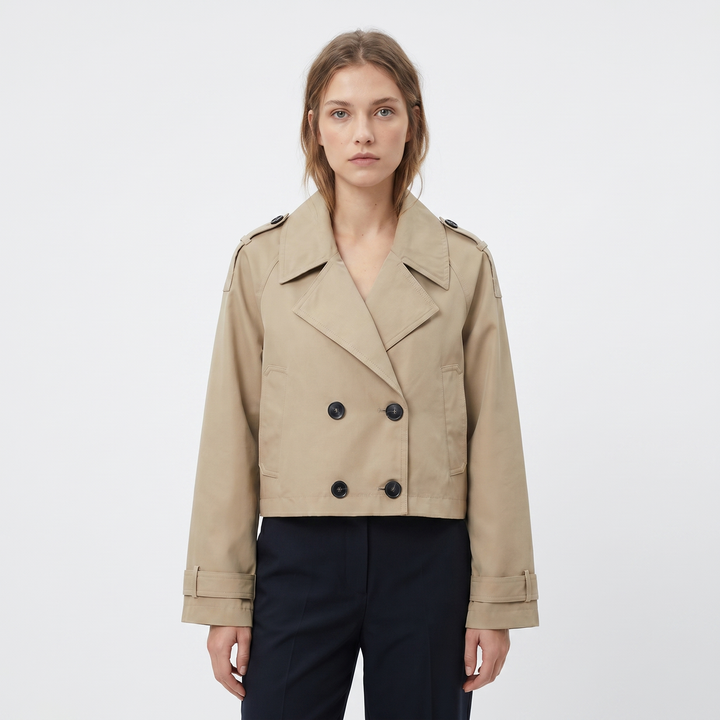 Women's Cropped Trench Jacket Double Breasted Epaulette Short Coat Spring Outerwear