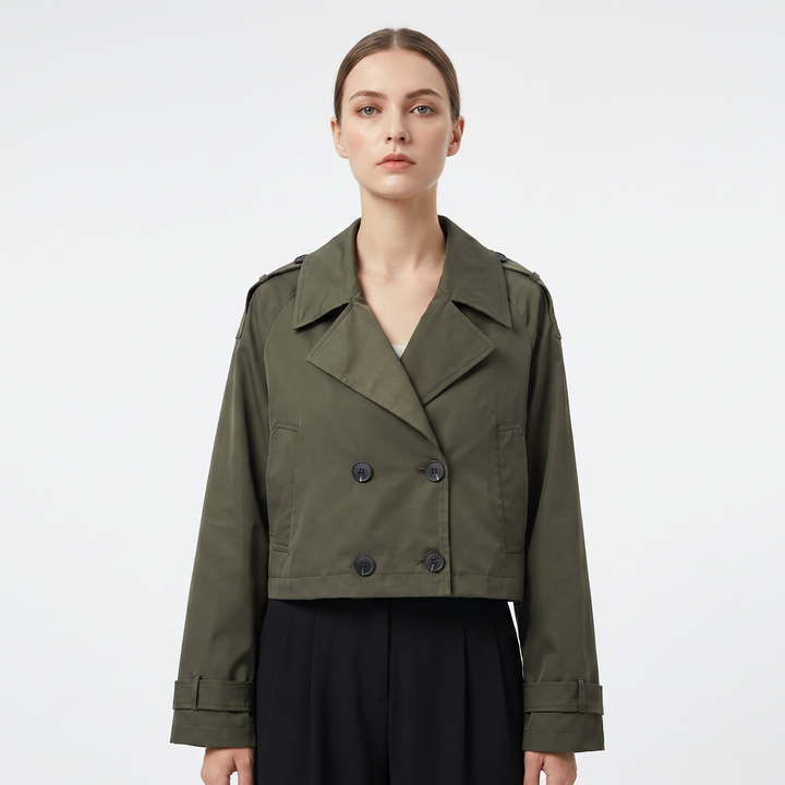 Women's Cropped Trench Jacket Double Breasted Epaulette Short Coat Spring Outerwear