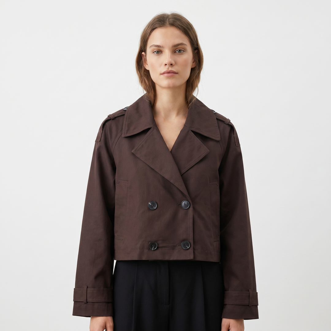 Women's Cropped Trench Jacket Double Breasted Epaulette Short Coat Spring Outerwear