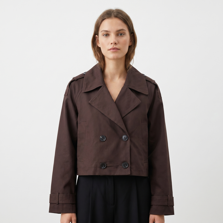 Women's Cropped Trench Jacket Double Breasted Epaulette Short Coat Spring Outerwear
