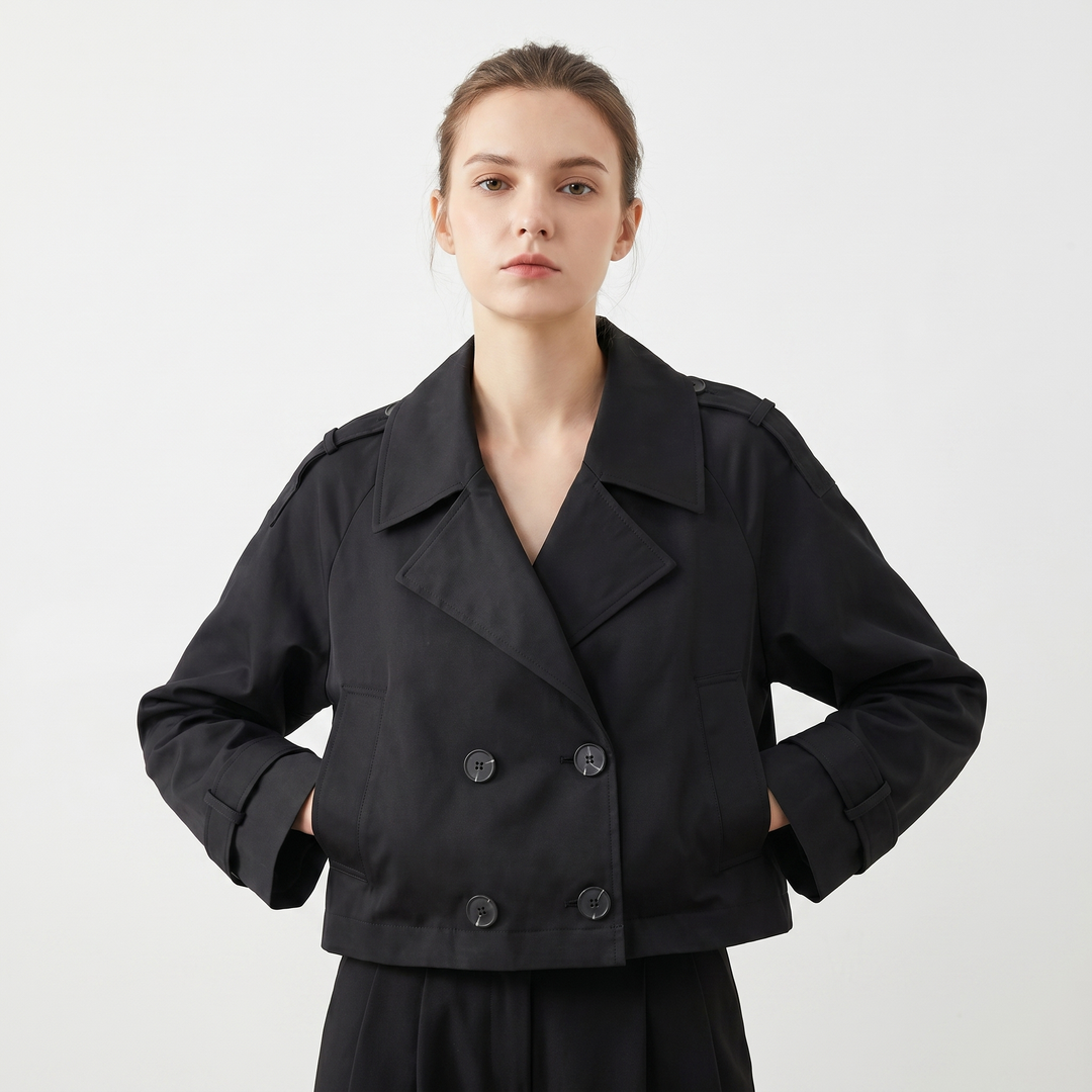 Women's Cropped Trench Jacket Double Breasted Epaulette Short Coat Spring Outerwear
