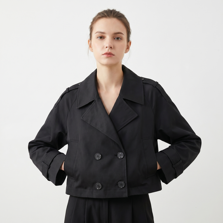 Women's Cropped Trench Jacket Double Breasted Epaulette Short Coat Spring Outerwear