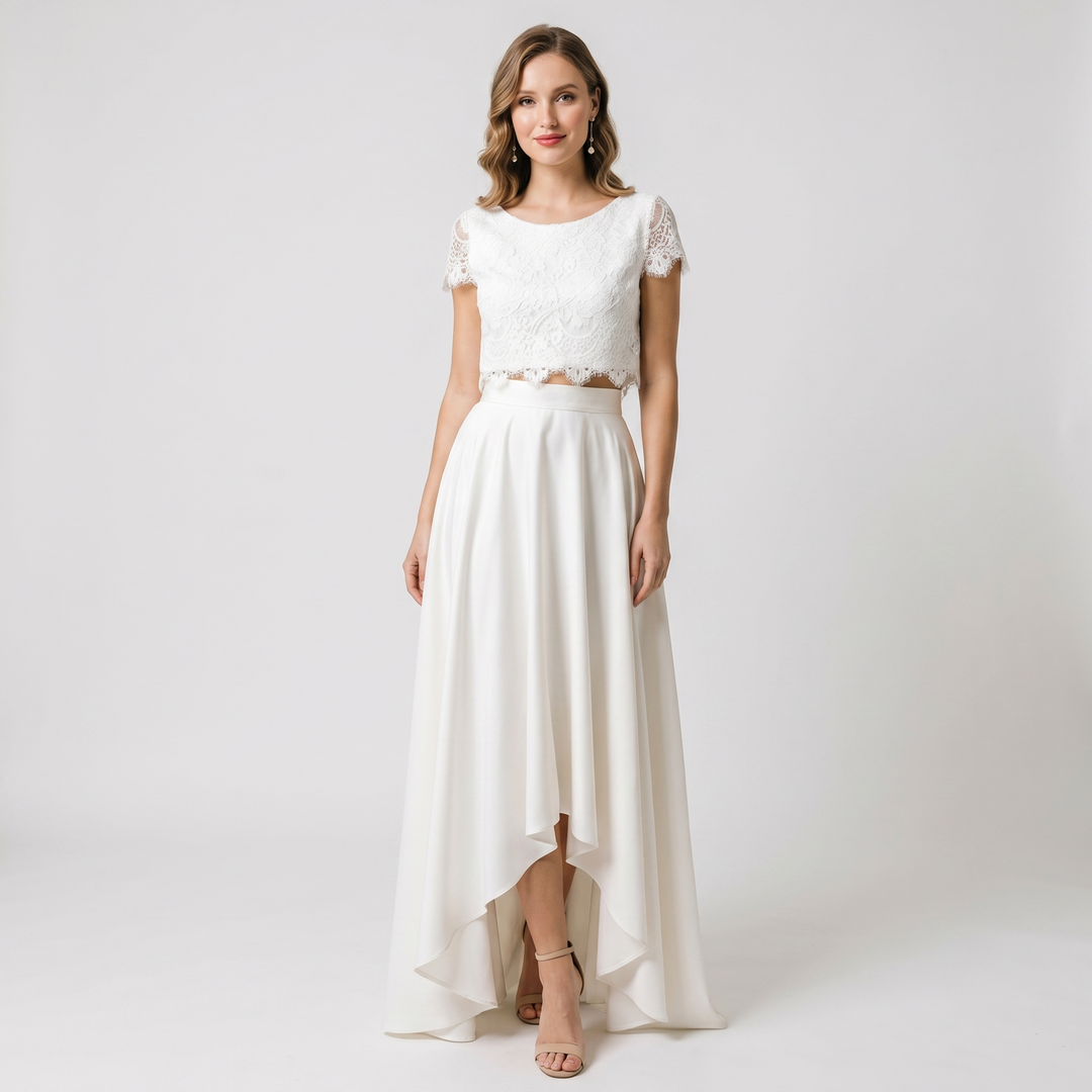 Women's Two Piece Wedding Dress Lace Crop Top Hi Low Skirt Bridal Set Formal
