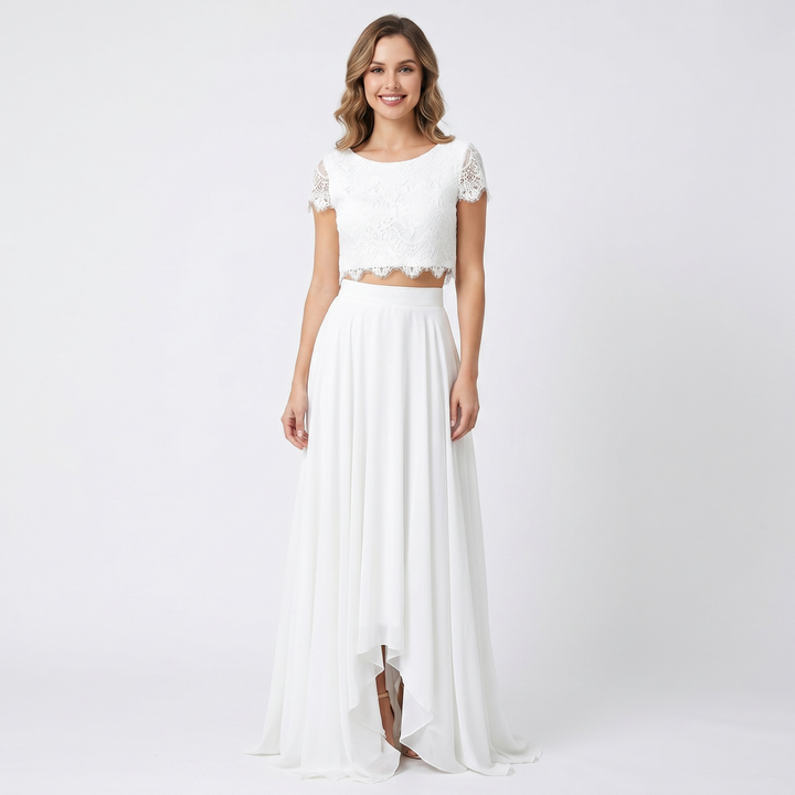 Women's Two Piece Wedding Dress Lace Crop Top Hi Low Skirt Bridal Set Formal