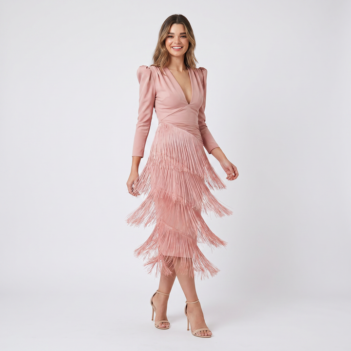 Women's Tiered Fringe Midi Dress Deep V Neck Puff Sleeve Cocktail Party Dress