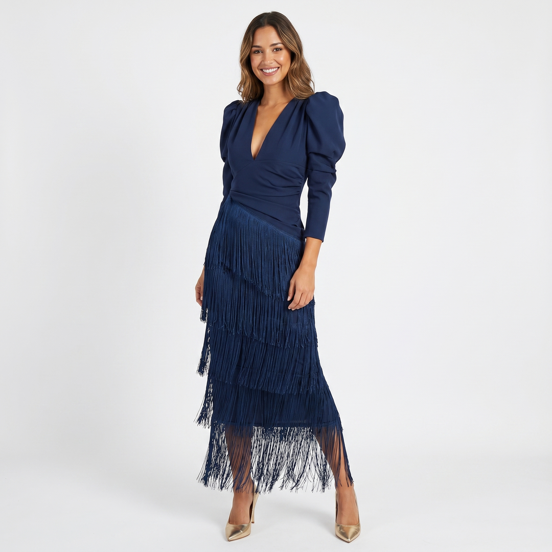 Women's Tiered Fringe Midi Dress Deep V Neck Puff Sleeve Cocktail Party Dress