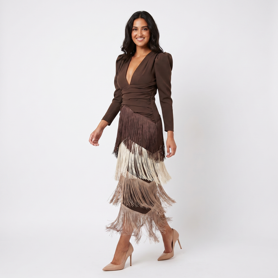 Women's Tiered Fringe Midi Dress Deep V Neck Puff Sleeve Cocktail Party Dress