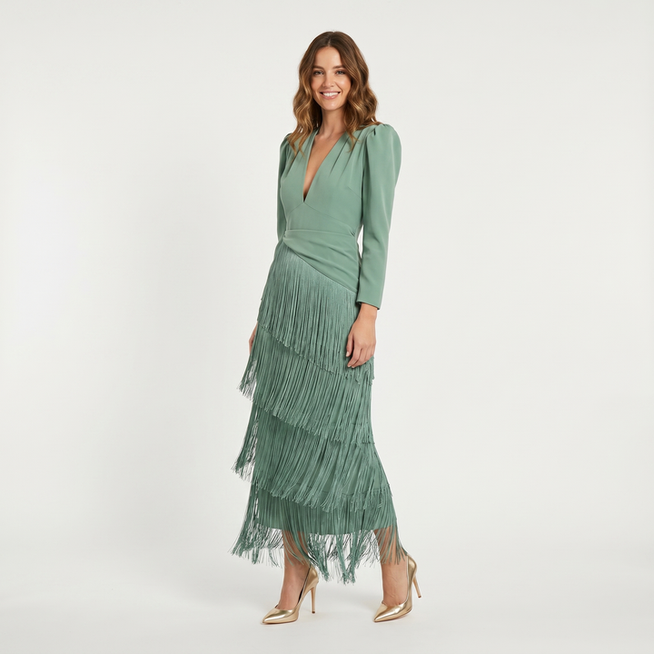 Women's Tiered Fringe Midi Dress Deep V Neck Puff Sleeve Cocktail Party Dress