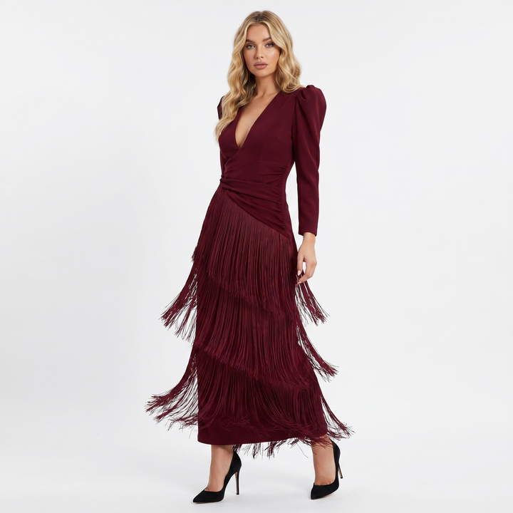 Women's Tiered Fringe Midi Dress Deep V Neck Puff Sleeve Cocktail Party Dress