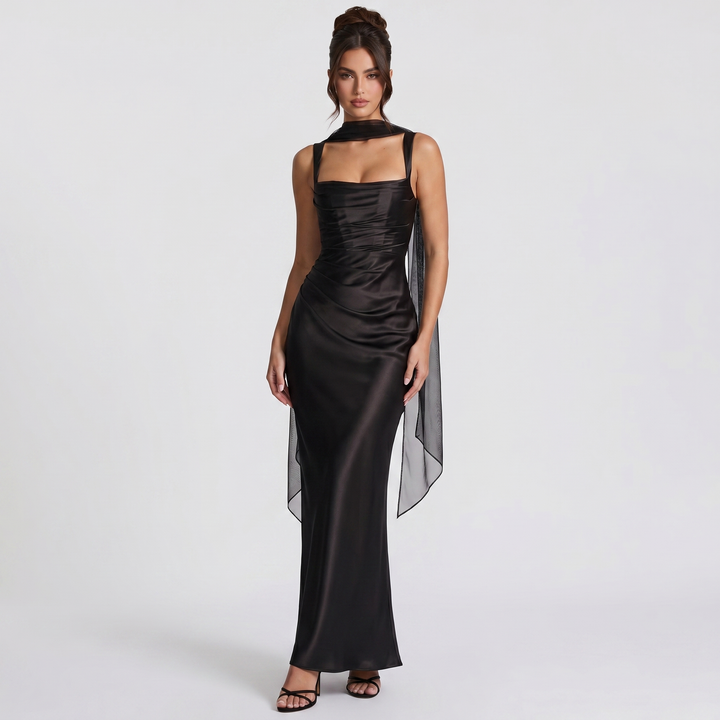 Women's Satin Ruched Maxi Dress Square Neck Scarf Tie Bodycon Formal Evening Gown