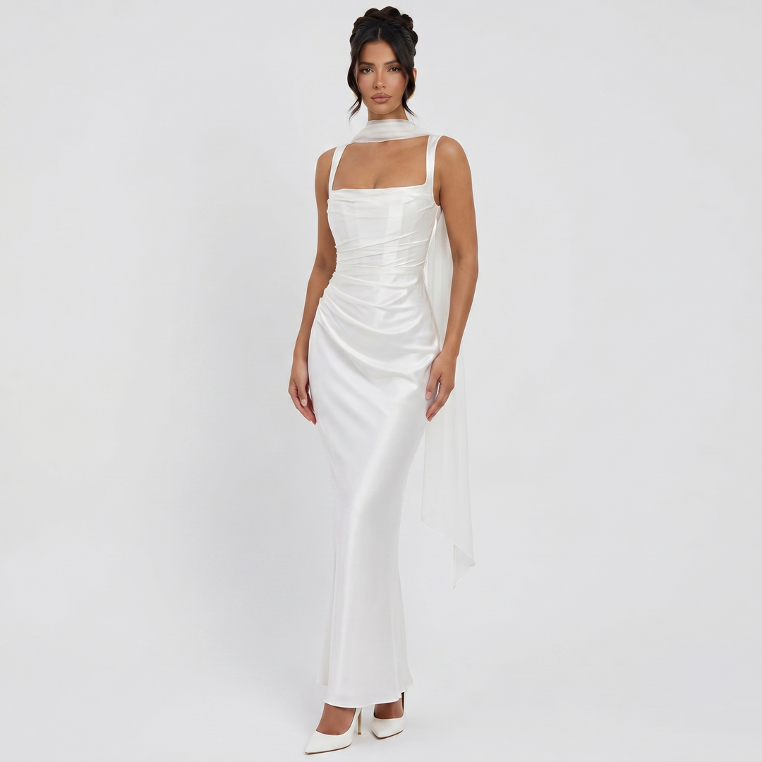 Women's Satin Ruched Maxi Dress Square Neck Scarf Tie Bodycon Formal Evening Gown
