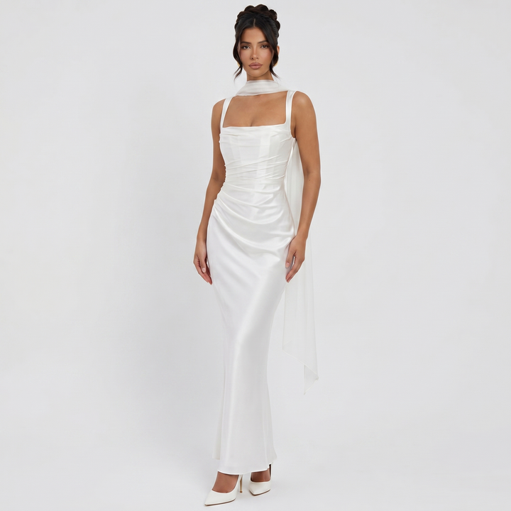 Women's Satin Ruched Maxi Dress Square Neck Scarf Tie Bodycon Formal Evening Gown