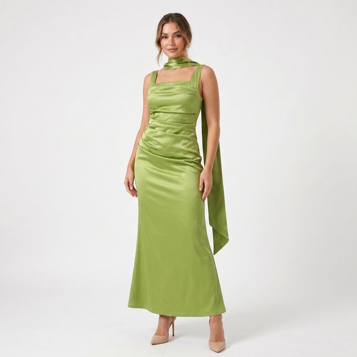 Women's Satin Ruched Maxi Dress Square Neck Scarf Tie Bodycon Formal Evening Gown