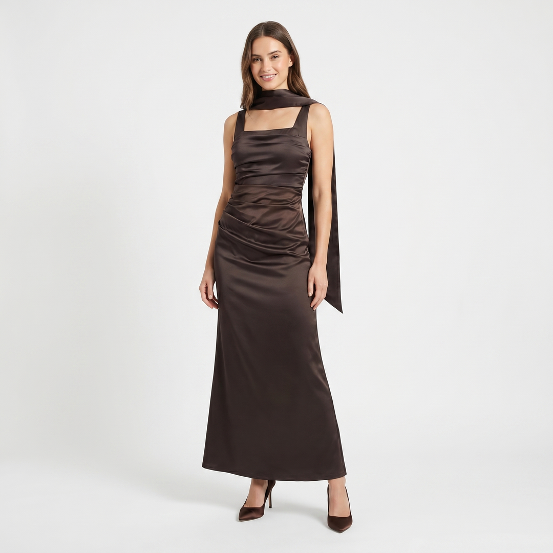 Women's Satin Ruched Maxi Dress Square Neck Scarf Tie Bodycon Formal Evening Gown