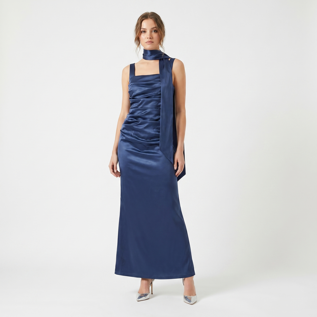 Women's Satin Ruched Maxi Dress Square Neck Scarf Tie Bodycon Formal Evening Gown