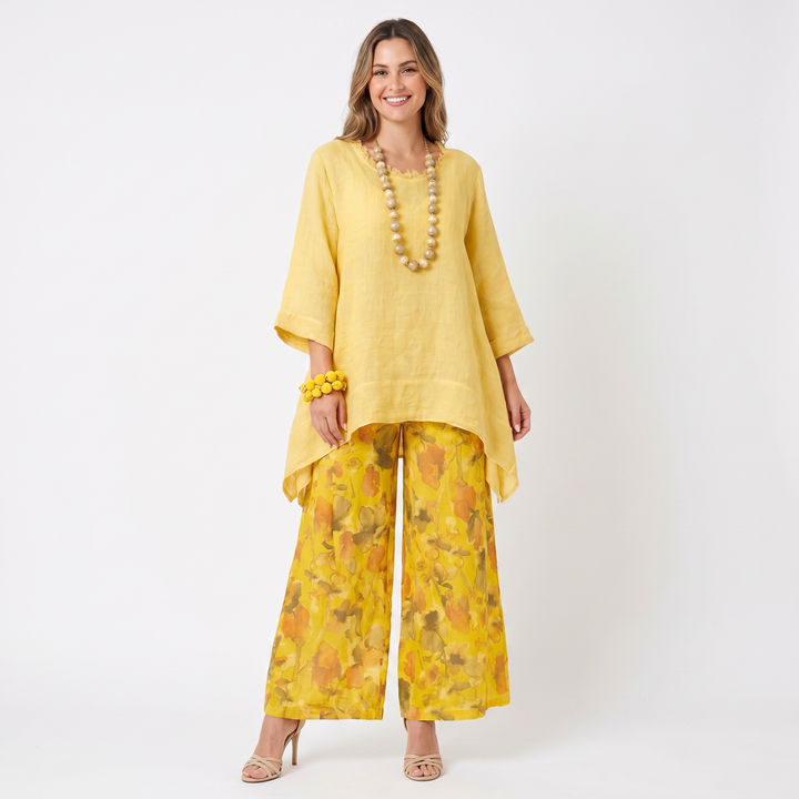 Women's Linen Tunic and Floral Wide Leg Pants Two Piece Set Summer Co-Ord