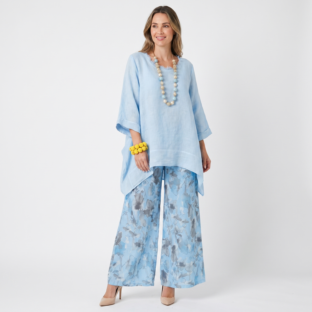 Women's Linen Tunic and Floral Wide Leg Pants Two Piece Set Summer Co-Ord