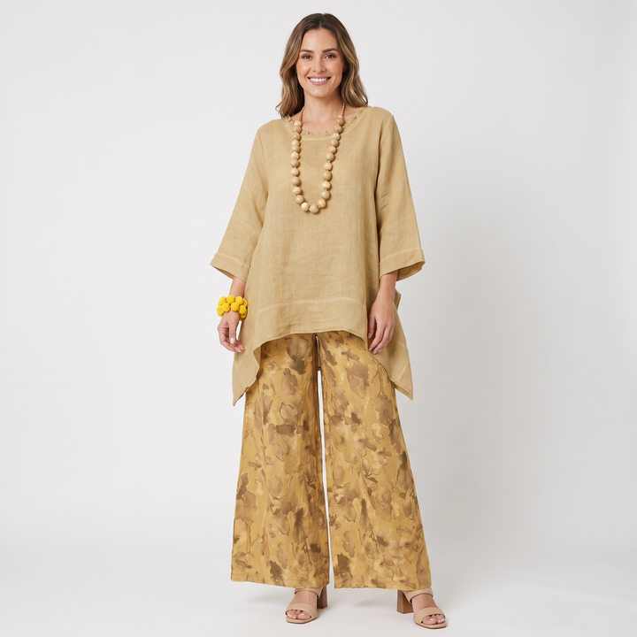Women's Linen Tunic and Floral Wide Leg Pants Two Piece Set Summer Co-Ord