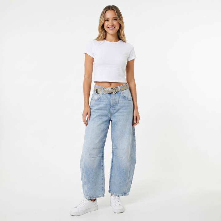 Women's Barrel Leg Jeans Low Rise Baggy Wide Leg Denim Curved Fit Casual
