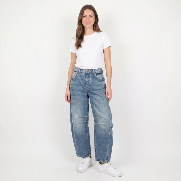 Women's Barrel Leg Jeans Low Rise Baggy Wide Leg Denim Curved Fit Casual