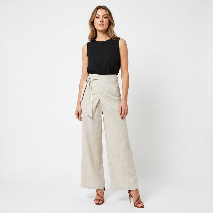 Women's Linen Wide Leg Trousers High Waist Wrap Tie Front Palazzo Pants