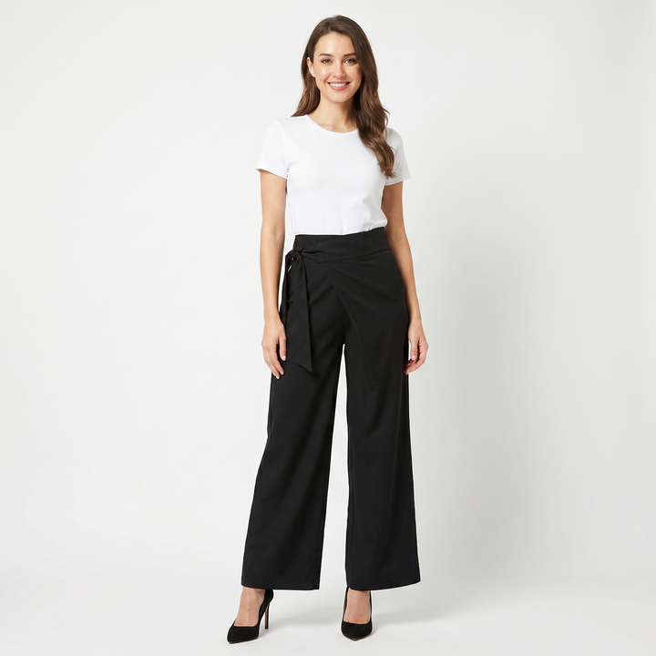 Women's Linen Wide Leg Trousers High Waist Wrap Tie Front Palazzo Pants