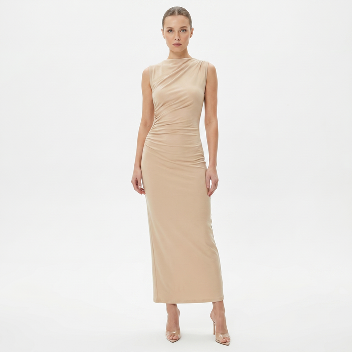 Women's Ruched Side Bodycon Maxi Dress Sleeveless High Neck Formal Occasion Dress